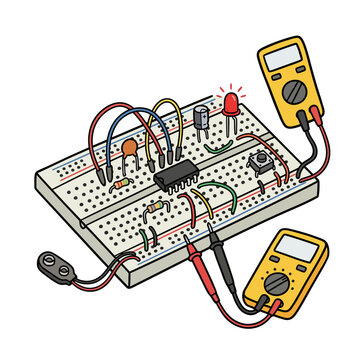 Electronic circuit breadboard with multimeters and LED