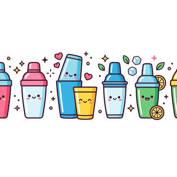 A seamless pattern of cute colorful cocktail shakers and drinks
