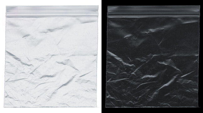 Crumpled plastic zip bag mockup set, transparent polyethylene texture on white and black background, wrinkled polybag packaging for product design