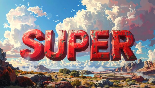 Bold, red, three-dimensional text against a scenic, western landscape with puffy clouds