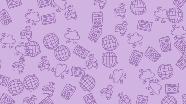 Purple patterned background with various icons and illustrations perfect for digital design projects, website headers, social media graphics, and presentations.