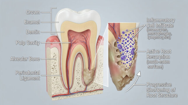 Detailed 3D illustration of dental anatomy showing tooth root decay and cross-section structure