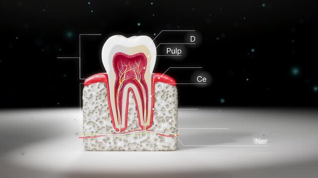 3D animated cross section of a human molar tooth with anatomical labels and callout lines.