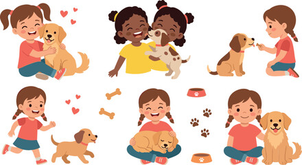 Cute cartoon children playing hugging and feeding puppy dogs character vector illustration element set isolated on a white background © MdShakib