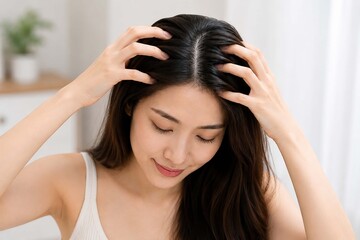 Naklejka premium Young Asian Woman Massaging Scalp for Healthy Hair Care Routine
