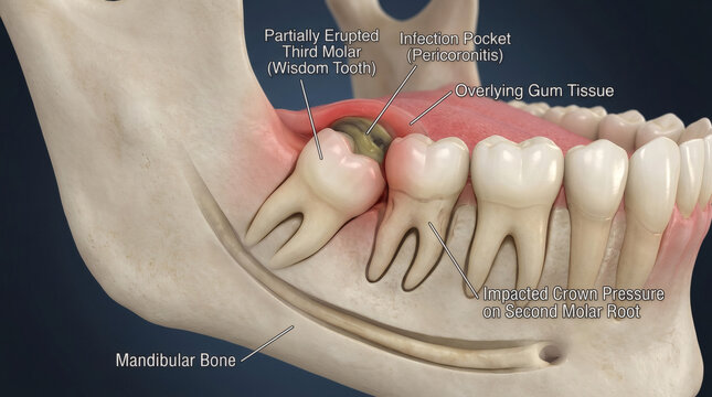 Detailed 3D medical render of human jaw showing wisdom tooth extraction procedure