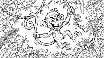 Obraz premium Cute Cartoon Monkey Hanging on a Jungle Vine Coloring Page.