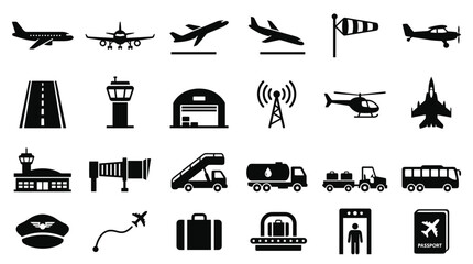 Fototapeta premium Airplane and Airport Facility Icon Set with Runway Tower Hangar Helicopter Baggage Security Passport and Ground Service Symbols