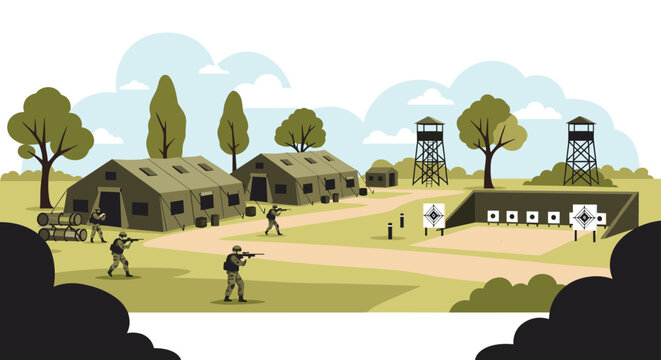 Military training base with green tents, soldiers carrying rifles, and a shooting range with targets for combat preparation.