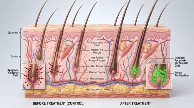 Microscopic cross-section of hair follicle undergoing treatment with cellular activity illustration