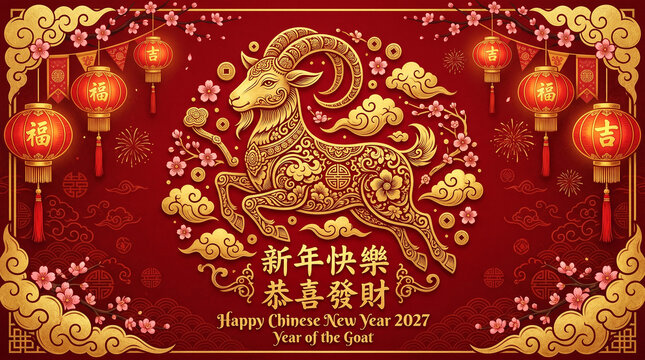 Happy Chinese New Year 2027 Year of the Goat Festive Red Gold Greeting Design