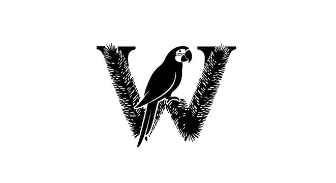 Parrot perched on stylized letter W design.