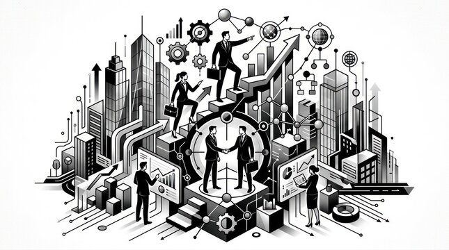 Cityscape with people and technology integration.
