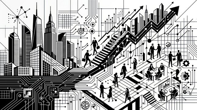 Cityscape with people and technology integration.