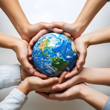 Multiple hands from diverse people holding earth globe together symbolizing global unity and care International Peace Day