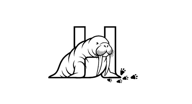 Sad manatee illustration under letter H structure.