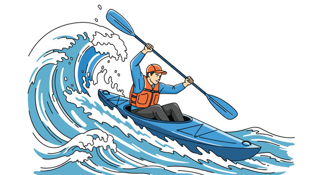 Adventurous man wearing a life jacket paddles a blue kayak through large crashing ocean waves on a bright sunny day.