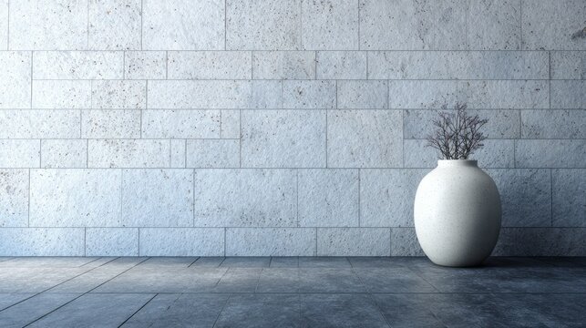 A simple white vase with dried branches sits against a modern stone wall.