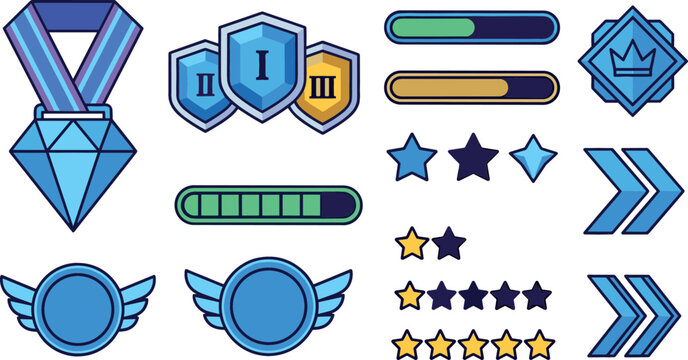 Vector bundle of stylized gaming level up indicators prize rewards stars and winner championship symbols for game developers graphics and applications (22 words)