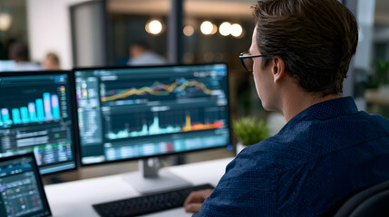 Obraz premium Over the Shoulder View of Data Analyst Examining Performance Dashboard on Monitor