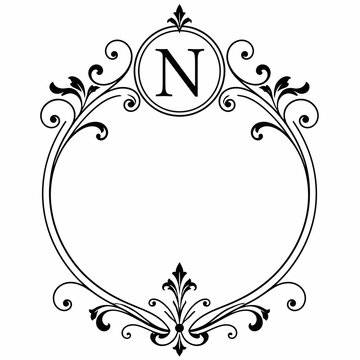 Circular vintage frame with small letter N monogram crest.