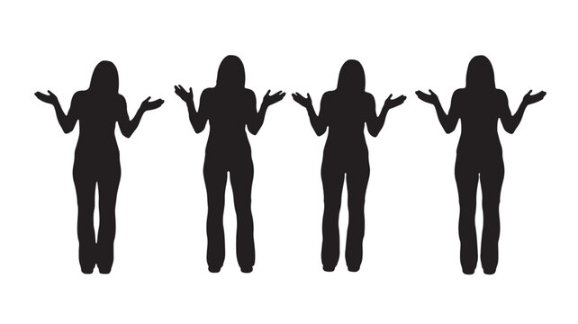 Confused Women Silhouettes: Four Female Figures Shrugging Uncertainty Vector