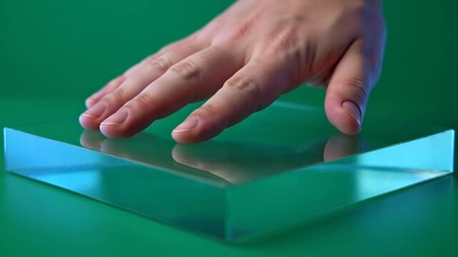 Hand touching a polished transparent acrylic block on green background.
