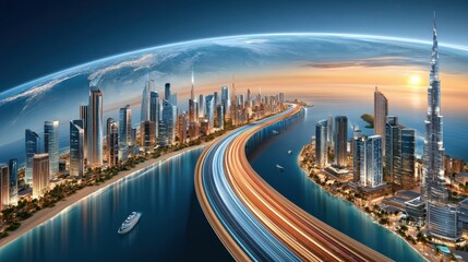 Fototapeta premium Futuristic coastal skyline with illuminated highway and global cityscape at sunset