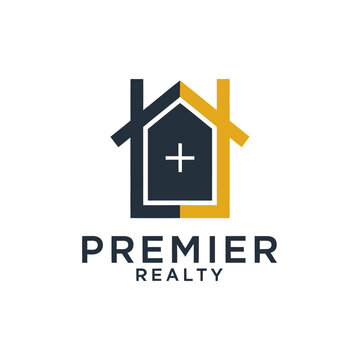 Premier realty logo design with split house icon and plus sign symbol for luxury home.