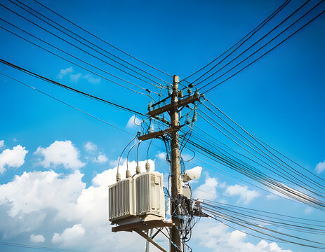 Japanese utility pole and distribution transformer against a clear summer blue sky