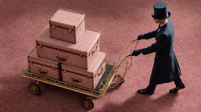 Elegant Gentleman in Top Hat and Tuxedo Pushing a Luggage Cart Laden with Vintage Suitcases on a Textured Carpet