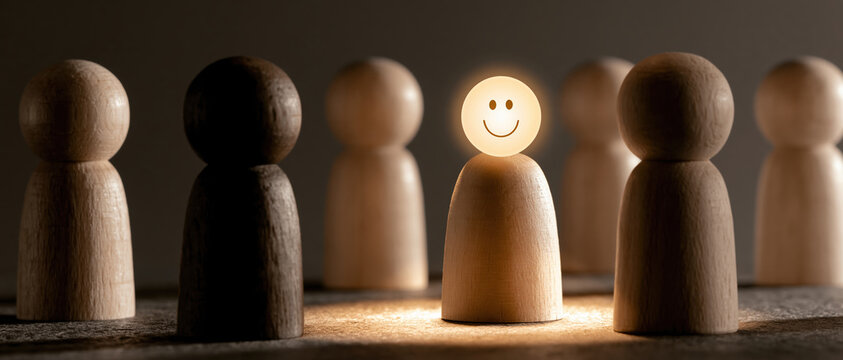Glowing figure smiling face wooden peg teamwork leadership spotlight standing out group concept, bright icon among wooden peg people table