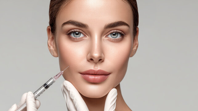 Cosmetic filler facial injection woman syringe beauty treatment skincare close up portrait of woman during cosmetic filler facial injection with