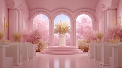 Naklejka premium Elegant pink arched hall with blooming trees and floral arrangements, perfect for weddings and events