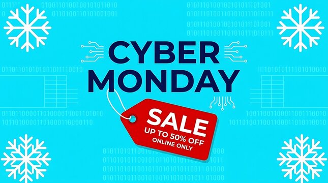 Cyber monday sale banner with red price tag and white snowflake pattern