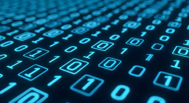 Glowing blue binary code numbers streaming across a dark digital background creating an abstract representation of complex computer software data