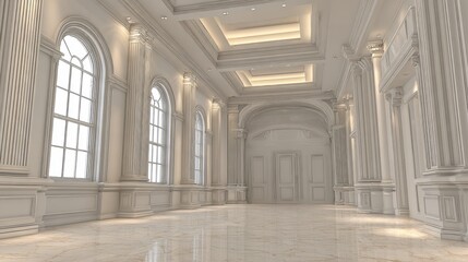Naklejka premium Elegant White Classical Ballroom Interior with Arched Windows and Ornate Columns, Spacious and Luxurious Event Venue