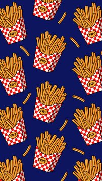 Seamless French fries pattern featuring crispy fries in checkered cartons on a dark blue background. Perfect for fast food themes, restaurant promotions, snack branding, menus, and packaging.
