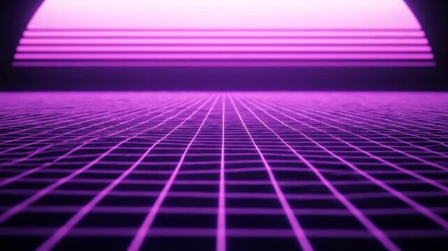 Retro 80s Synthwave Background with Glowing Purple Grid and Neon Sun in Cyberpunk Aesthetic