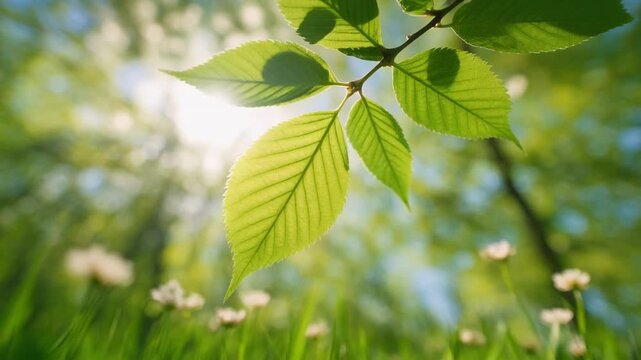 vibrant green leaves rustling in sunlight outdoors