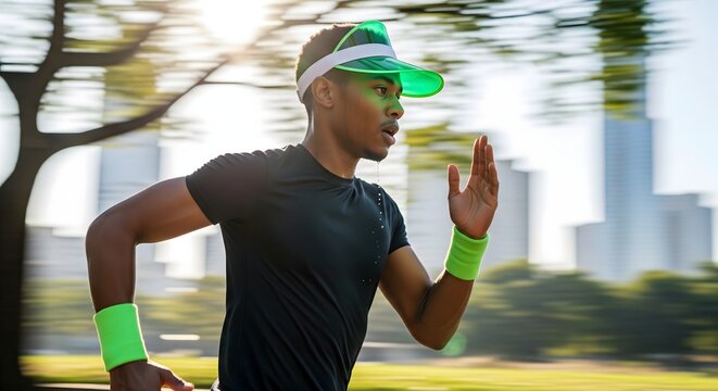 Active young man running outdoors in sunny city park wearing green visor