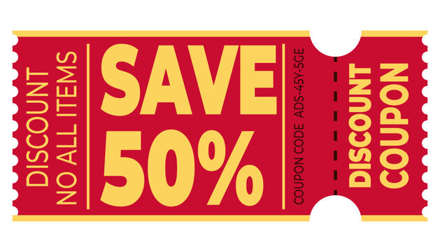 Save 50% discount coupon for all items, red and yellow promotional offer voucher with coupon code