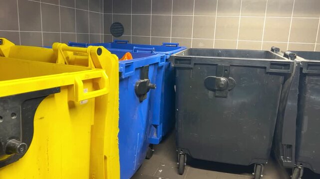 Large waste bins for sorted municipal waste. Commercial plastic recycling and mixed waste containers on wheels standing in a garbage room.