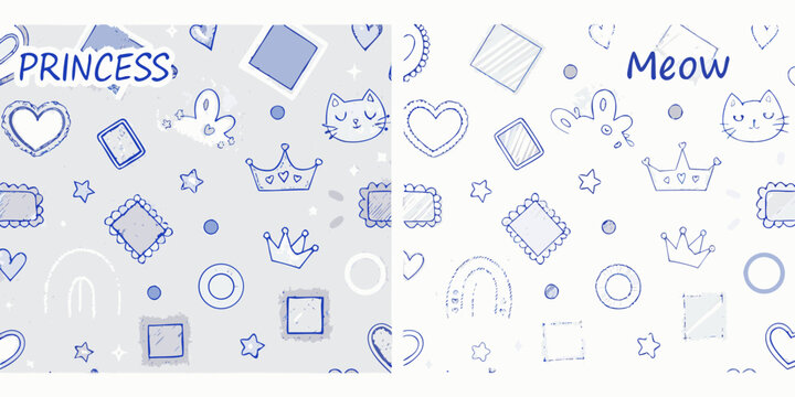 Blue doodle pattern featuring hearts crowns and cat faces hand drawn style