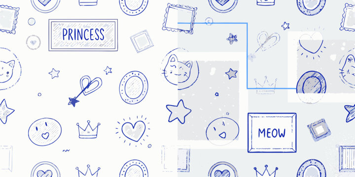 Blue doodle pattern with crowns stars and cat faces hand drawn style