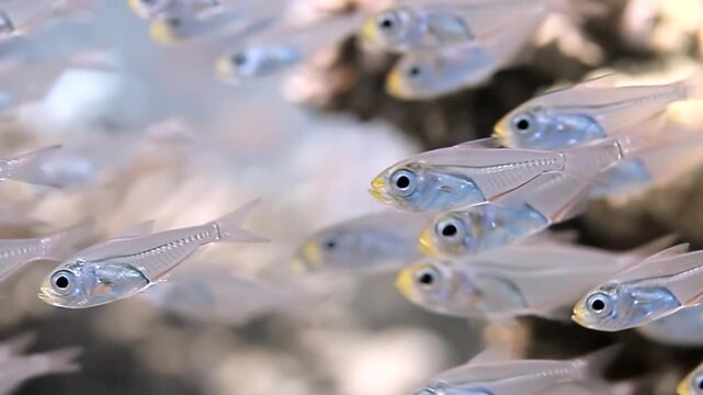 Magnificent school of transparent glassfish glides with elegant precision through crystal-clear water. Their delicate forms catch light, creating dazzling display of aquatic beauty during day.