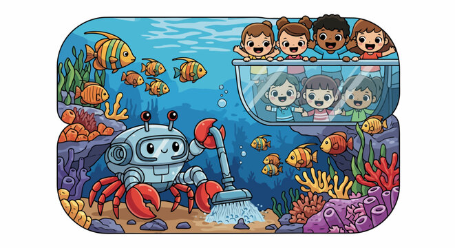 Children observe robot cleaning coral reef with fish swimming around.