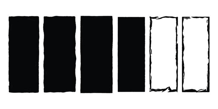 Set of six vertical rectangular frames with rough hand drawn ink brush stroke edges