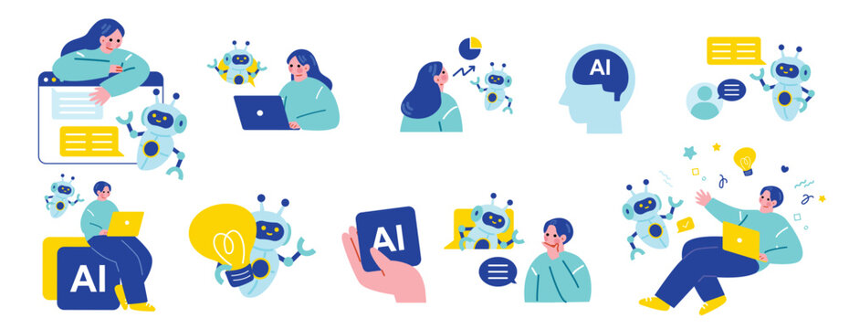 AIを活用する人々のイラストセット