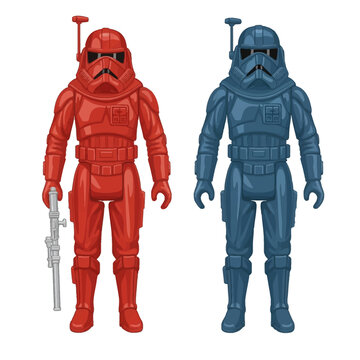Two retro style futuristic soldier action figures in red and blue plastic armor, one holding a silver blaster weapon, isolated on a white background in a vintage toy aesthetic.